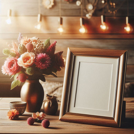 Photo frame mockup with bouquet of flowers in vase on wooden table