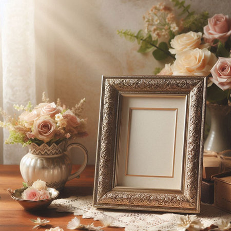 Vintage photo frame and flowers on wooden table. Vintage style.
