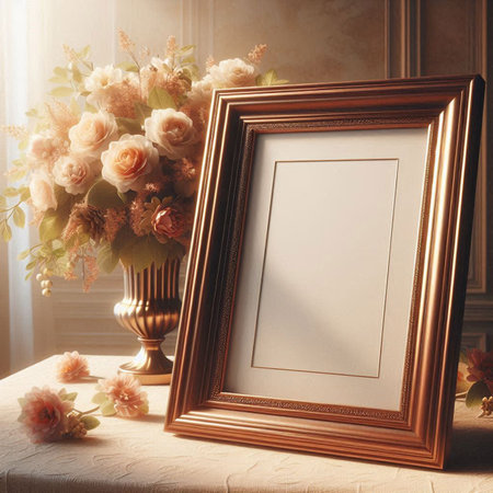 Blank photo frame on the table with flowers. 3d rendering