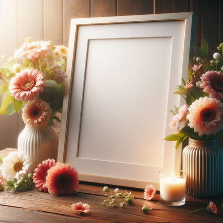 Blank photo frame, flowers and candles on wooden background. Mock up