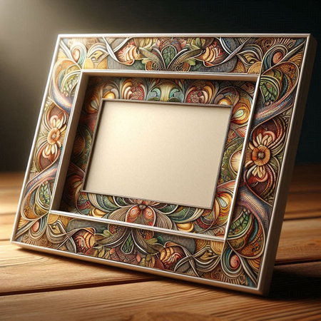 Wooden frame with floral pattern on wooden table. 3d illustration