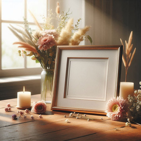 Photo frame mockup with dried flowers and candles on wooden table.
