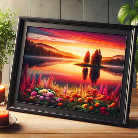Wooden background with pictures of nature in frame. 3d rendering