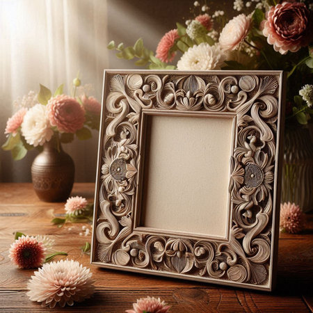 Vintage photo frame with beautiful flowers on wooden table. Retro style