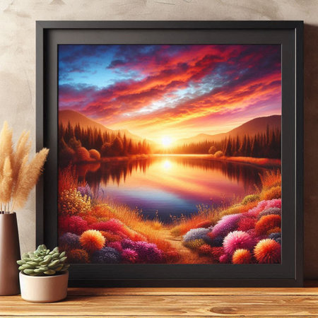 wooden table in front of picture frame with beautiful landscape at sunset