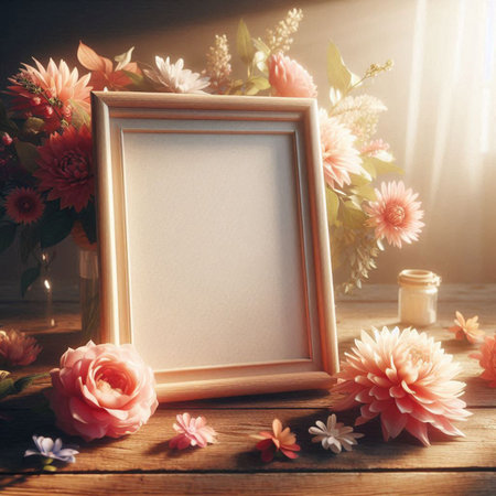 Vintage photo frame with flowers and candles on wooden background. Photo in old color image style