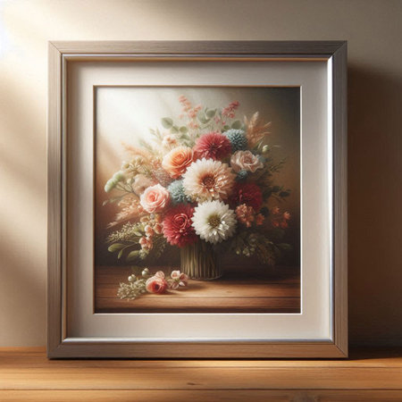 Bouquet of flowers in a wooden frame on a wooden table