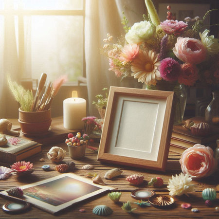 Bouquet of flowers and photo frame on a wooden table.