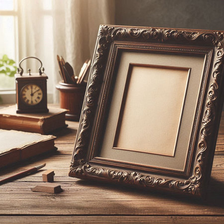 Vintage photo frame and books on wooden table in room. Mock up