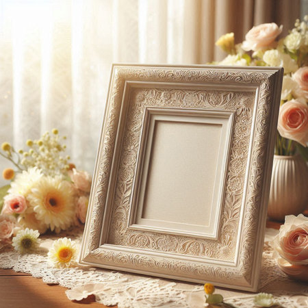 Vintage photo frame with flowers in vase on wooden table. Mock up