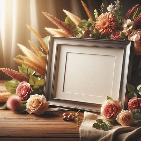 Wooden photo frame and bouquet of flowers on wooden table.