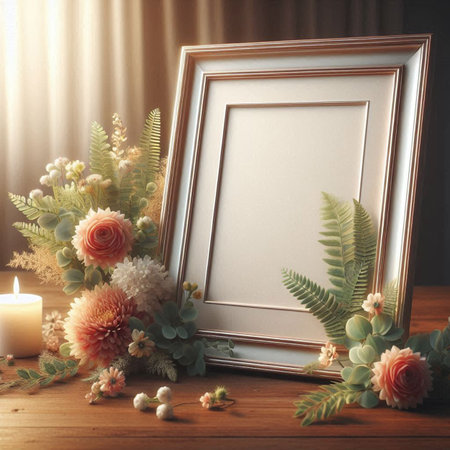 Photo frame mockup with flowers on wooden table. 3d rendering
