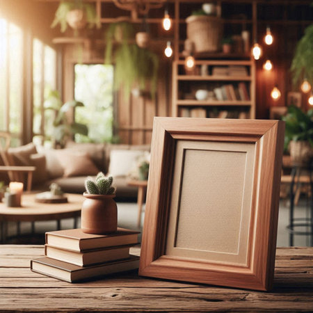 Wooden photo frame mockup with books and cactus on wooden table.