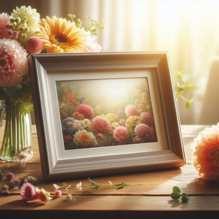 flowers in a vase and photo frame on a wooden tableの写真素材