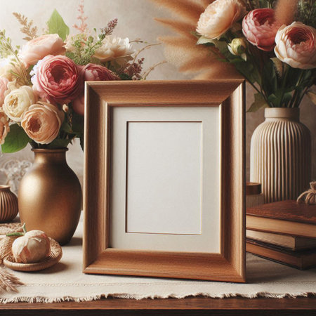 Wooden photo frame mockup with flowers in vase on table