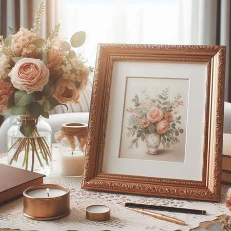 Vintage frame, candles and flowers in the interior of the room