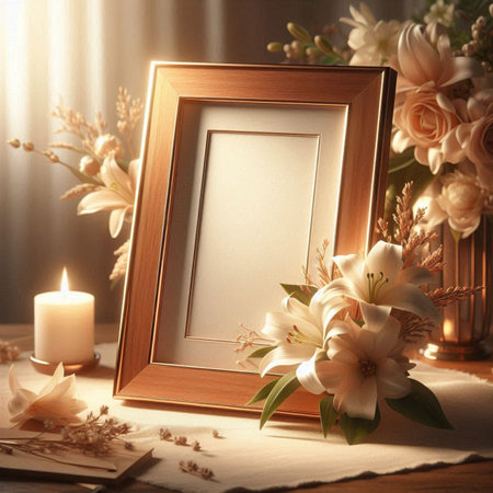 Vintage photo frame with flowers and candles on table, closeupの写真素材