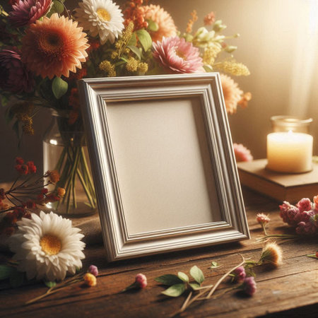 Blank photo frame with flowers on rustic wooden table. Mock up