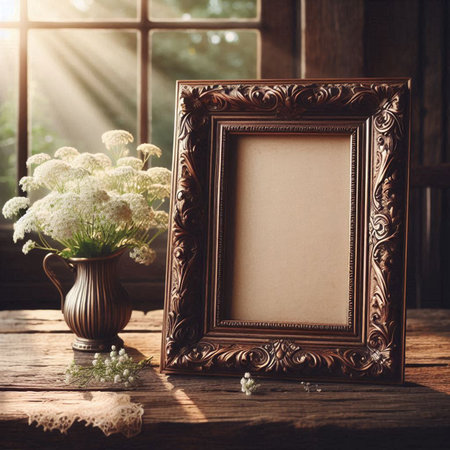 Vintage photo frame and flowers on rustic wooden table with sunlight
