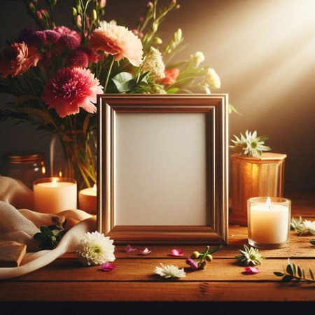 Blank photo frame with flowers and candles on wooden table. Mockupの写真素材
