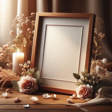 Empty photo frame with flowers and candles on wooden table. Mock up