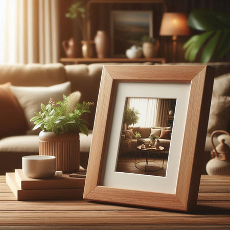 Wooden photo frame on table in living room. Mockup for design