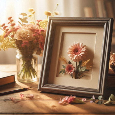 Vintage photo frame with beautiful flowers on wooden table, closeup