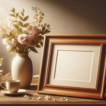 Vintage photo frame, cup of coffee and flowers on wooden table.
