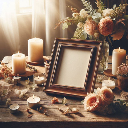 Blank photo frame, burning candles and dried flowers on wooden table.