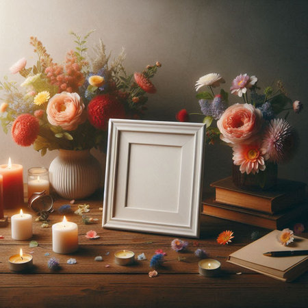 Blank photo frame, books, candles and flowers on wooden table