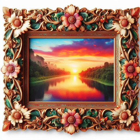 Wooden frame with a picture of the river and the sunset.