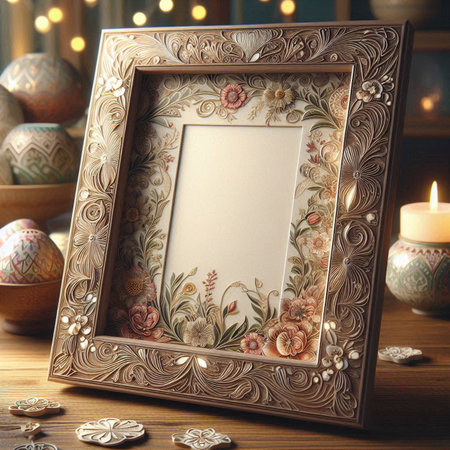 Vintage photo frame on a wooden table in a room with flowers