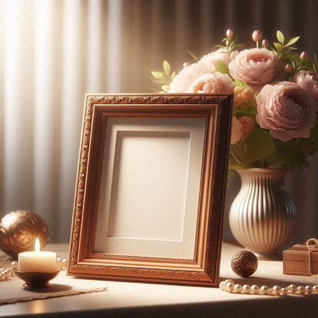 Vintage photo frame and flowers in a vase on the table