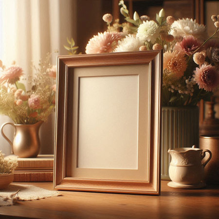 Photo frame mockup with beautiful flowers on wooden table. 3d rendering