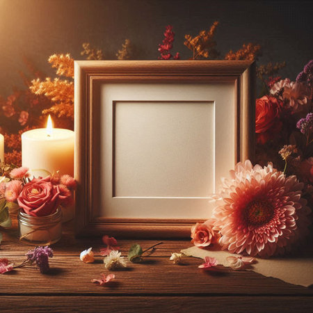 Photo frame mockup with dried flowers and candles on wooden table.の写真素材