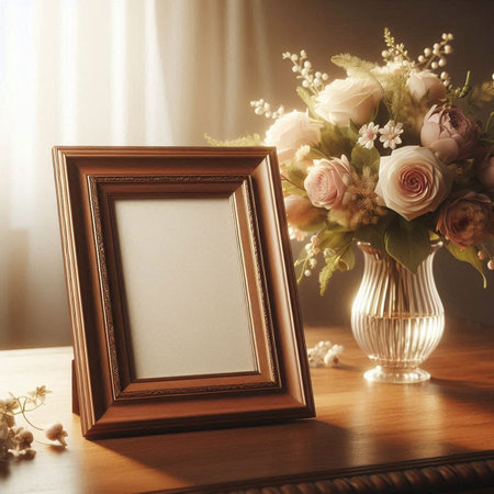 Vintage photo frame with beautiful bouquet of flowers on wooden table