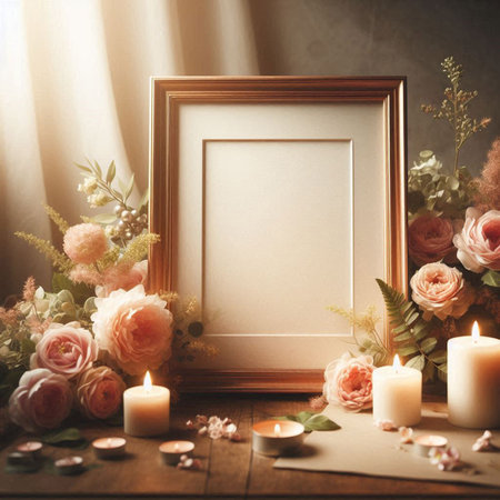 Photo frame mockup with flowers and candles on wooden table. Vintage filtered imageの写真素材