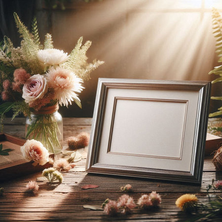 Blank photo frame mockup on wooden table with vase of flowers.