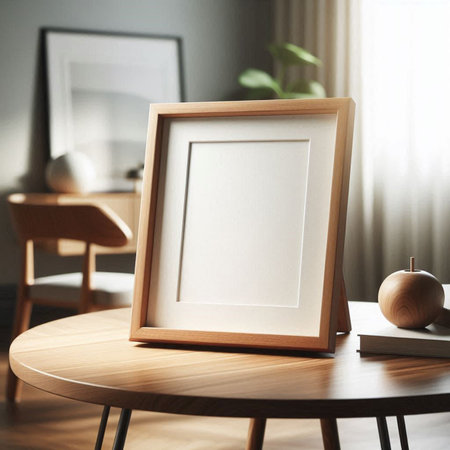 Blank picture frame on wooden table in interior. Mockup for designの写真素材