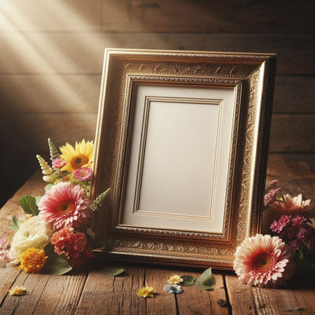 Photo frame with flowers on wooden background. Vintage style. Copy space.
