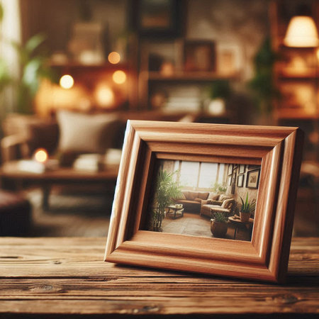 Wooden photo frame on a wooden table in a cozy living room