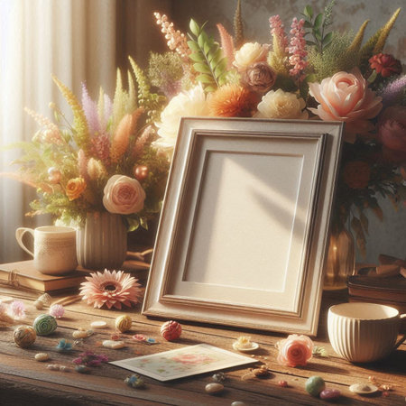 Photo frame mockup with flowers bouquet on wooden table. Toned image