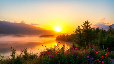 Beautiful sunrise over the lake in the mountains. Landscape.の写真素材