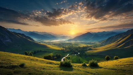 Sunset in the mountains. Landscape with meadow and forestの写真素材