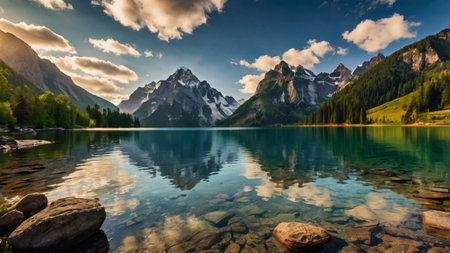 Mountain lake in the Dolomites, Italy. Beautiful summer landscapeの写真素材