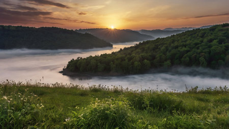 Foggy morning in the mountains. Beautiful summer landscape in the mountains.の写真素材