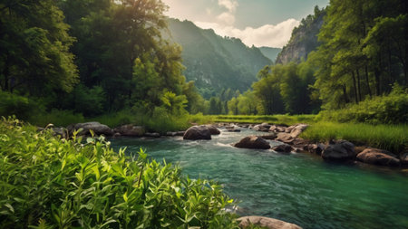 Mountain river in the mountains. Beautiful nature landscape. River in the mountains.の写真素材