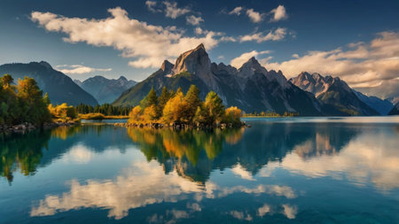 Beautiful alpine lake in autumn. Panoramic view.の写真素材