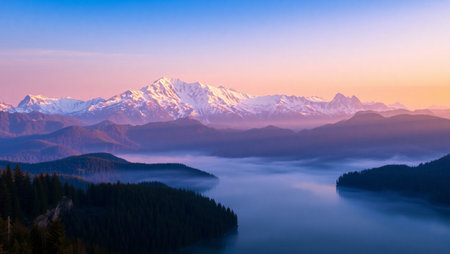 Sunrise in the mountains. Panoramic view.の写真素材