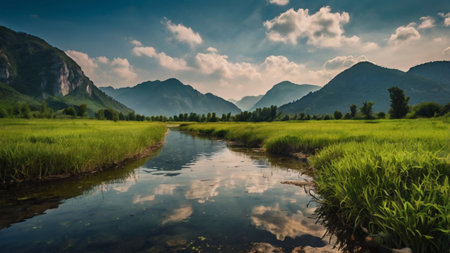 Beautiful panorama of rice field with river and mountains in the backgroundの写真素材